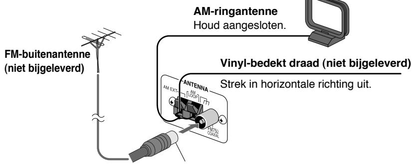 FM-buitenantenne (niet bijgeleverd) AM-ringantenne Houd aangesloten. Vinyl-bedekt draad (niet bijgeleverd) Strek in horizontale richting uit.