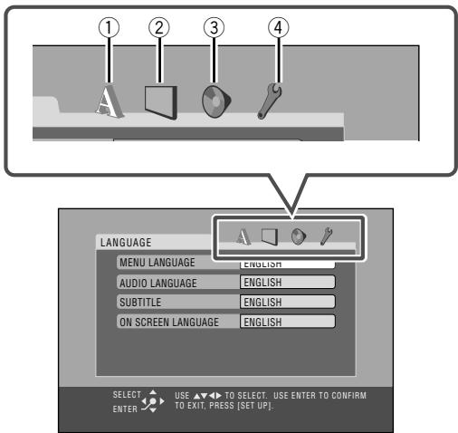 ① ② ③ ④ LANGUAGE MENU LANGUAGE ENGLISH AUDIO LANGUAGE ENGLISH SUBTITLE ENGLISH ON SCREEN LANGUAGE ENGLISH SELECT USE ▼▼ TO SELECT USE ENTER TO CONFIRM ENTER TO EXIT. PRESS [SET UP].