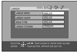 LANGUE LANGUE MENU ANGLAIS LANGUE AUDIO ANGLAIS SOU'S-TITRE ANGLAIS LANGUE D'ECRAN FRAULAIS SELECTION POUR CHOSIR ET ENTER POUR VALIDER. ENTIER POUR QUITTER APPUYER SUR (SET UP)