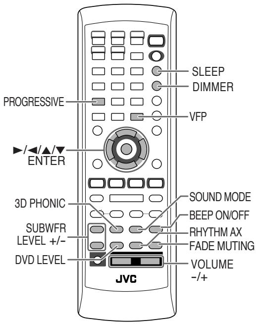 SLEEP DIMMER VFP PROGRESSIVE ENTER 3D PHONIC SUBWFR LEVEL +/- DVD LEVEL JVC SOUND MODE BEEP ON/OFF RHYTHM AX FADE MUTING VOLUME -/+
