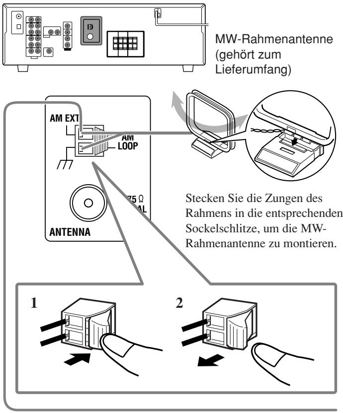 MW-Rahmenantenne (gehört zum Lieferumfang) AM EXT AVM LOOP 75 Ω AL ANTENNA Stecken Sie die Zungen des Rahmens in die entsprechenden Sockelschlitze, um die MW- Rahmenantenne zu montieren. 1 2