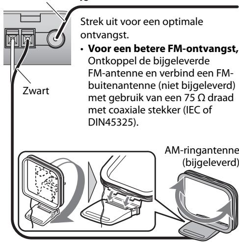 Strek uit voor een optimale entvangst. • Voor een betere FM-ontvangst, Ontkoppel de bijgeleverde FM-antenne en verbind een FM- buitenantenne (niet bijgeleverd) met gebruik van een 75 Ω draad met coaxiale stekker (IEC of DIN45325). Zwart AM-ringantenne (bijgeleverd)