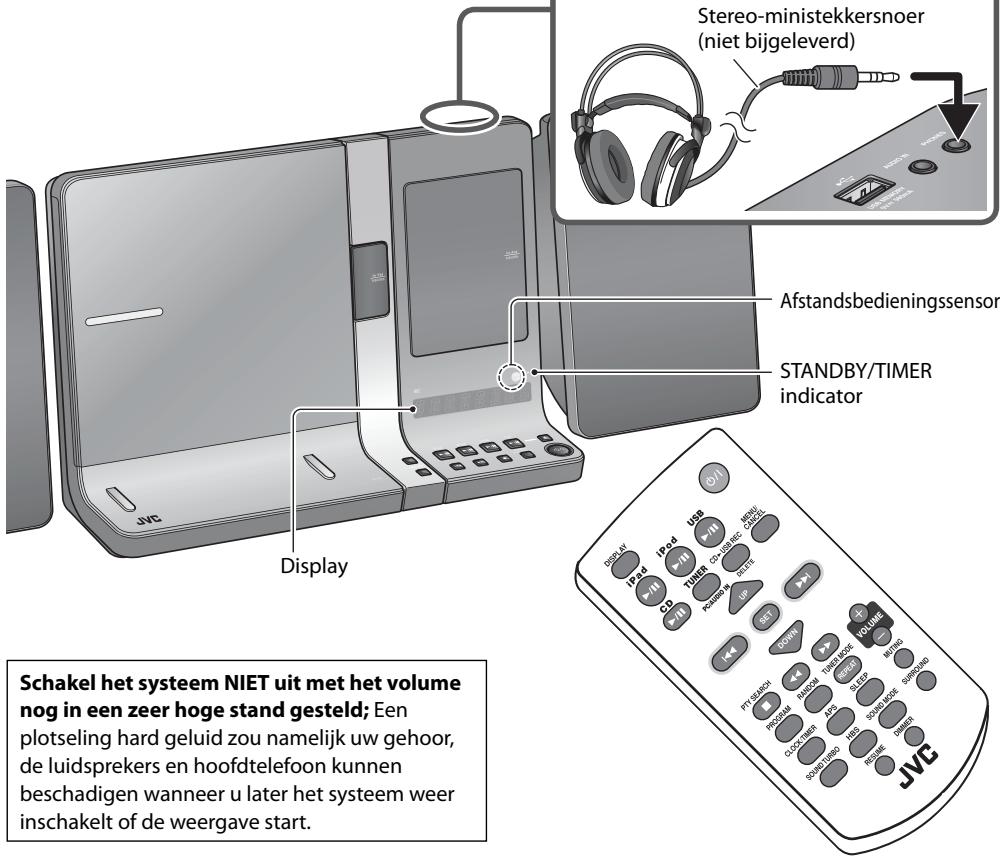 Stereo-ministekkersnoer (niet bijgeleverd) Afstandsbedieningssensor STANDBY/TIMER indicator Display Schakel het systeem NIET uit met het volume nog in een zeer hoge stand gesteld; Een plotseling hard geluid zou namelijk uw gehoor, de luidsprekers en hoofdtelefoon kunnen beschadigen wanneer u later het systeem weer inschakelt of de weergave start.