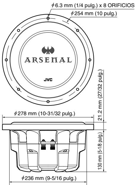 φ6.3 mm (1/4 pulg.) x 8 ORIFICIOS φ254 mm (10 pulg.) ARSENAI JVC φ278 mm (10-31/32 pulg.) 21.2 mm (27/32 pulg.) 130 mm (5-1/8 pulg.) φ236 mm (9-5/16 pulg.)