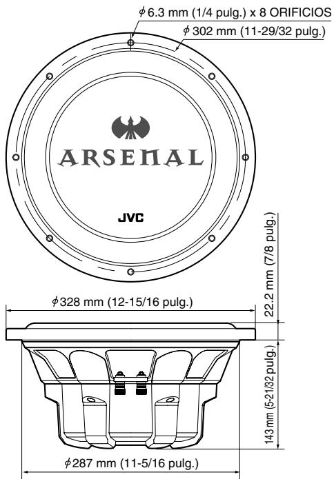 φ6.3 mm (1/4 pulg.) x 8 ORIFICIOS φ302 mm (11-29/32 pulg.) ARSENAL JVC φ328 mm (12-15/16 pulg.) 22.2 mm (7/8 pulg.) 143 mm (5-21/32 pulg.) φ287 mm (11-5/16 pulg.)