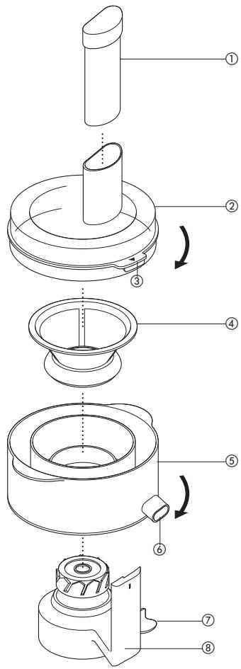 Technical diagram of a mechanical device with numbered components and directional arrows indicating assembly steps.
