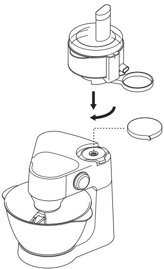 Diagram showing a kitchen mixer with a rotating fan and a side view of the mixing bowl, illustrating the process from raw material to final product.