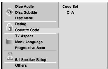 Disc Audio Disc Subtitle Disc Menu Rating Country Code TV Aspect Menu Language Progressive Scan 5.1 Speaker Setup Others Code Set C A