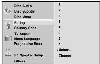 Disc Audio Disc Subtitle Disc Menu Rating Country Code TV Aspect Menu Language Progressive Scan 5.1 Speaker Setup Others 8 7 6 5 4 3 2 1 ✓Unlock Change