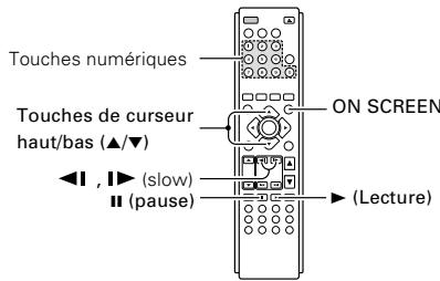 Touches numériques ON SCREEN Touches de curseur haut/bas (▲/▼) ◀ | , ▶ (slow) ■ (pause) ► (Lecture)