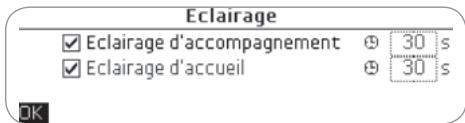 Eclairage ✓ Eclairage d'accompagnement ⑨ 30 s ✓ Eclairage d'accueil ⑨ 30 s OK