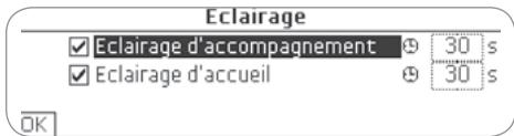 Eclairage ✓ Eclairage d'accompagnement 30 s ✓ Eclairage d'accueil 30 s OK