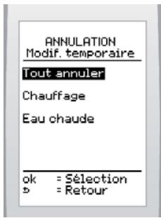 ANNULATION Modif. temporaire Tout annuler Chauffage Eau chaude ok = Sélection b = Retour