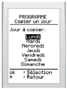PROGRAMME Copier un Jour Jour à copier: Lundi Mardi Mercredi Jeudi Vendredi Samedi Dimanche ok = Sélection b = Retour