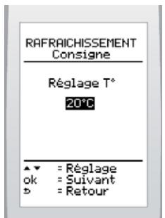 RAFRAICHISSEMENT Consigne Réglage T° 20°C ▲▼ = Réglage ok = Suivant b = Retour