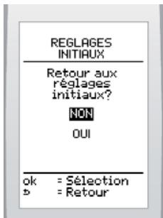 REGLAGES INITIAUX Retour aux règlages initiaux? NON OUI ok = Sélection b = Retour