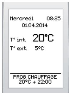 Mercredi 08:35 01.04.2014 T° int. 20°C T° ext. 5°C PROG CHAUFFAGE 20°C → 22:00