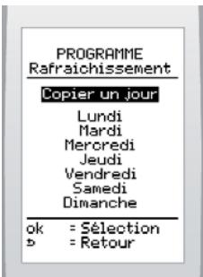 PROGRAMME Rafraîchissement Copier un jour Lundi Mardi Mercredi Jeudi Vendredi Samedi Dimanche ok = Sélection b = Retour
