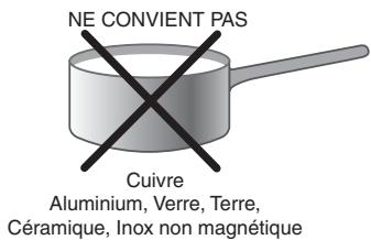 NE CONVIENT PAS Cuivre Aluminium, Verre, Terre, Céramique, Inox non magnétique