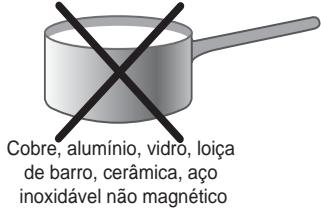 Cobre, alumínio, vidro, loiça de barro, cerámica, aço inoxidável não magnético