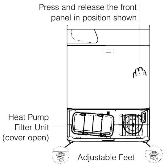 Press and release the front panel in position shown Heat Pump Filter Unit (cover open) Adjustable Feet