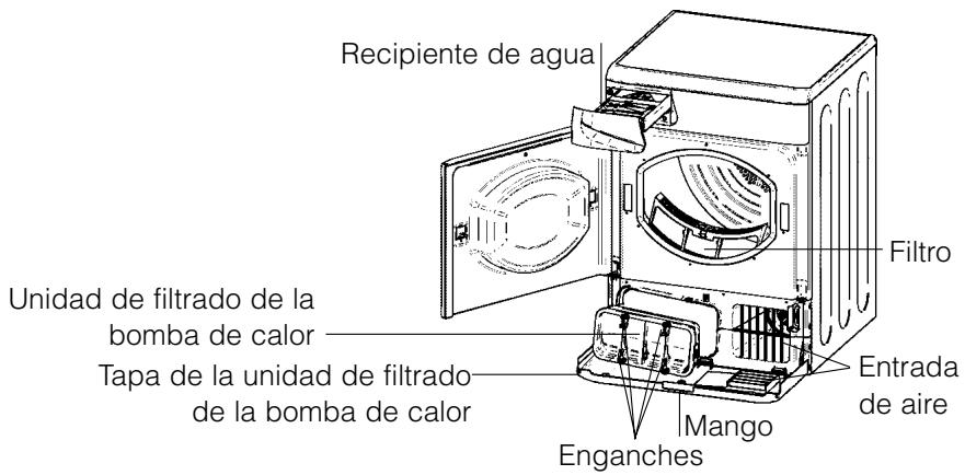 Recipiente de agua Filtro Unidad de filtrado de la bomba de calor Tapa de la unidad de filtrado de la bomba de calor Mango Entrada de aire Enganches