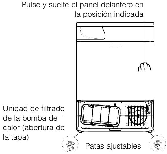 Pulse y suelte el panel delantero en la posición indicada Unidad de filtrado de la bomba de calor (abertura de la tapa) Patas ajustables