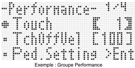 CALOR WK-7600 - Les paramètres à partir de « Performance » sont des groupes comptant plusieurs éléments à régler. Procedez de la façon suivante pour changer les réglages des éléments de chaque groupe. - 1