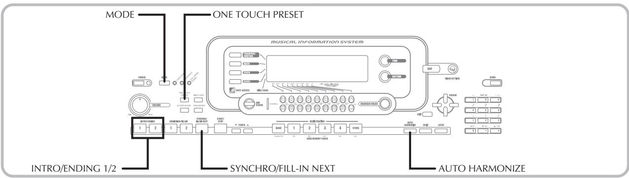 MODE ONE TOUCH PRESET MUSICAL INFORMATION SYSTEM INTRO/ENDING 1/2 SYNCHRO/FILL-IN NEXT AUTO HARMONIZE