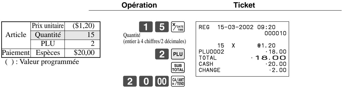 Opération Ticket Article Prix unitaire ($1,20) Quantité 15 PLU 2 Paiement Espèces $20,00 ( ): Valeur programmée 1 5 X/DATE TIME Quantité (entier à 4 chiffres/2 décimales) 2 PLU SUB TOTAL 2 0 00 CA/AMT = /TEND REG 15-03-2002 09:20 000010 15 X @1.20 PLU0002 · 18.00 TOTAL · 18.00 CASH · 20.00 CHANGE · 2.00