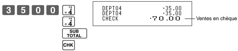 3 5 0 0 ÷4 14 ÷4 SUB TOTAL CHK DEPT04 ·35.00 DEPT04 ·35.00 CHECK ·70.00 — Ventes en chèque CHK