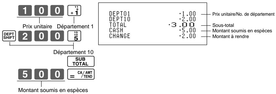 1 0 0 +1 Prix unitaire Département 1 DEPT SHIFT 2 0 0 5 Département 10 SUB TOTAL 5 0 0 = CA/AMT /TEND Montant soumis en espèces DEPT01 DEPT10 TOTAL CASH CHANGE ·1.00 ·2.00 ·3.00 ·5.00 ·2.00 Prix unitaire/No. de département Sous-total Montant soumis en espèces Montant à rendre