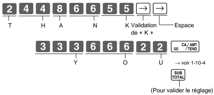 2 4 4 8 6 6 5 5 → → T H A N K Validation de « K » Espace 3 3 3 6 6 6 2 2 CA/AMT Y O U = /TEND → voir 1-10-4 SUB TOTAL (Pour valider le réglage)