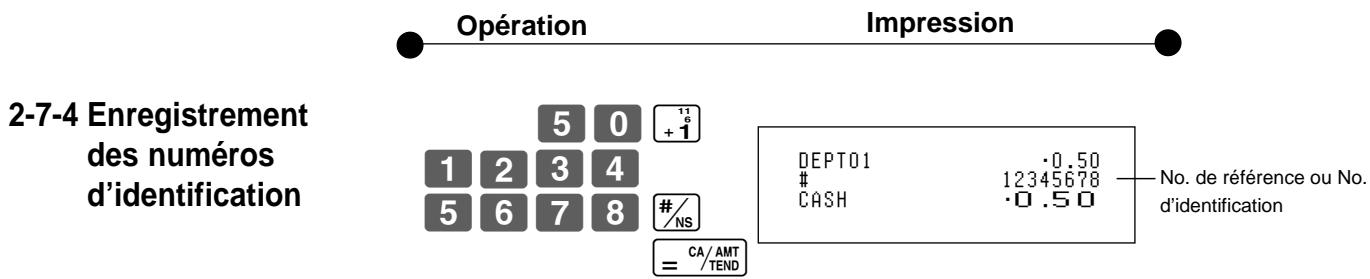 2-7-4 Enregistrement des numéros d'identification Opération Impression 5 0 1 2 3 4 5 6 7 8 # /NS = CA/AMT = /TEND DEPT01 ·0.50 12345678 CASH ·0.50 No. de référence ou No. d'identification