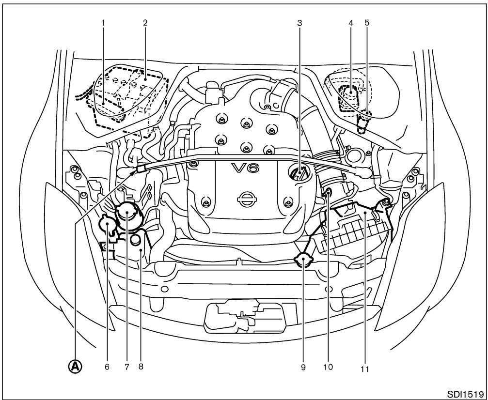 NISSAN 350Z 2005 - POINTS DE VERIFICATION DANS LE COMPARTIMENT-MOTEUR - 1