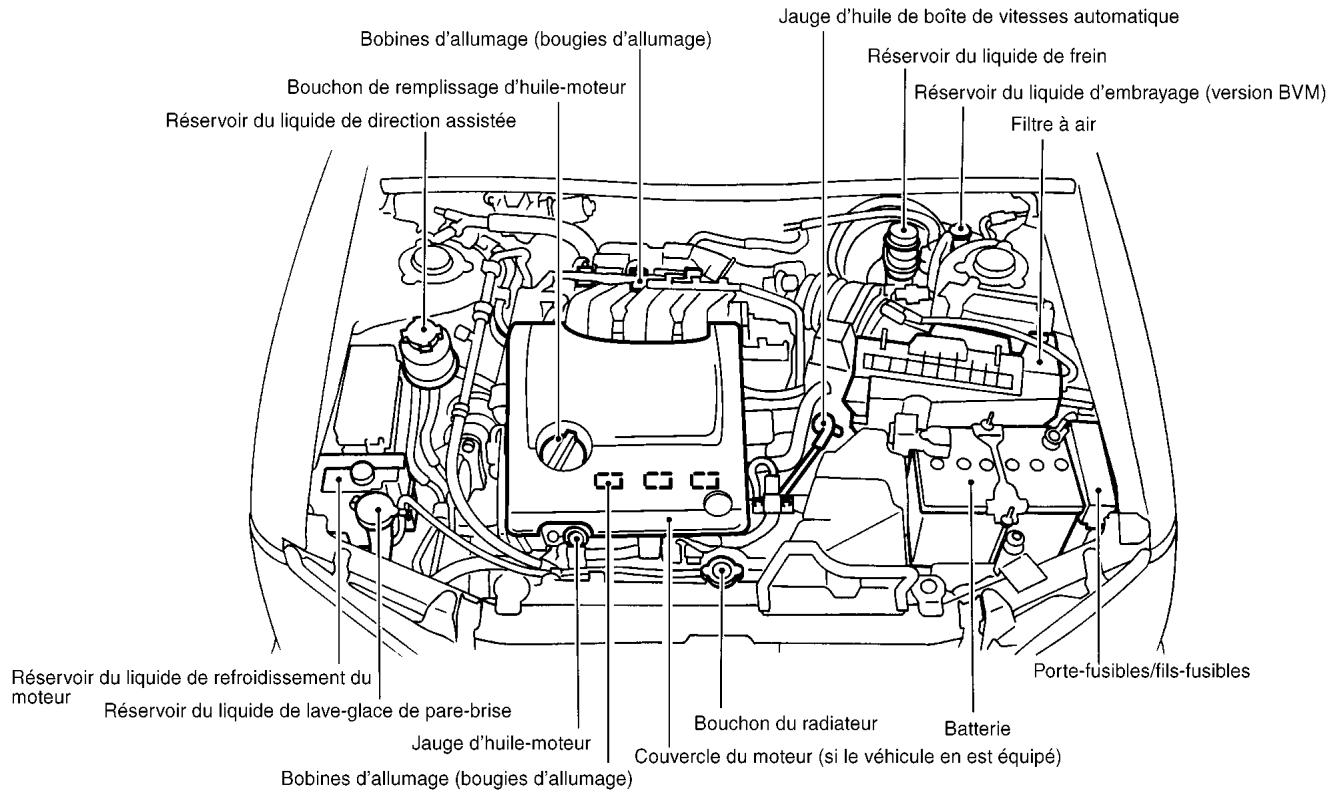 NISSAN MAXIMA 2002 - POINTS DE VERIFICATION DANS LE COMPARTIMENT-MOTEUR - 1
