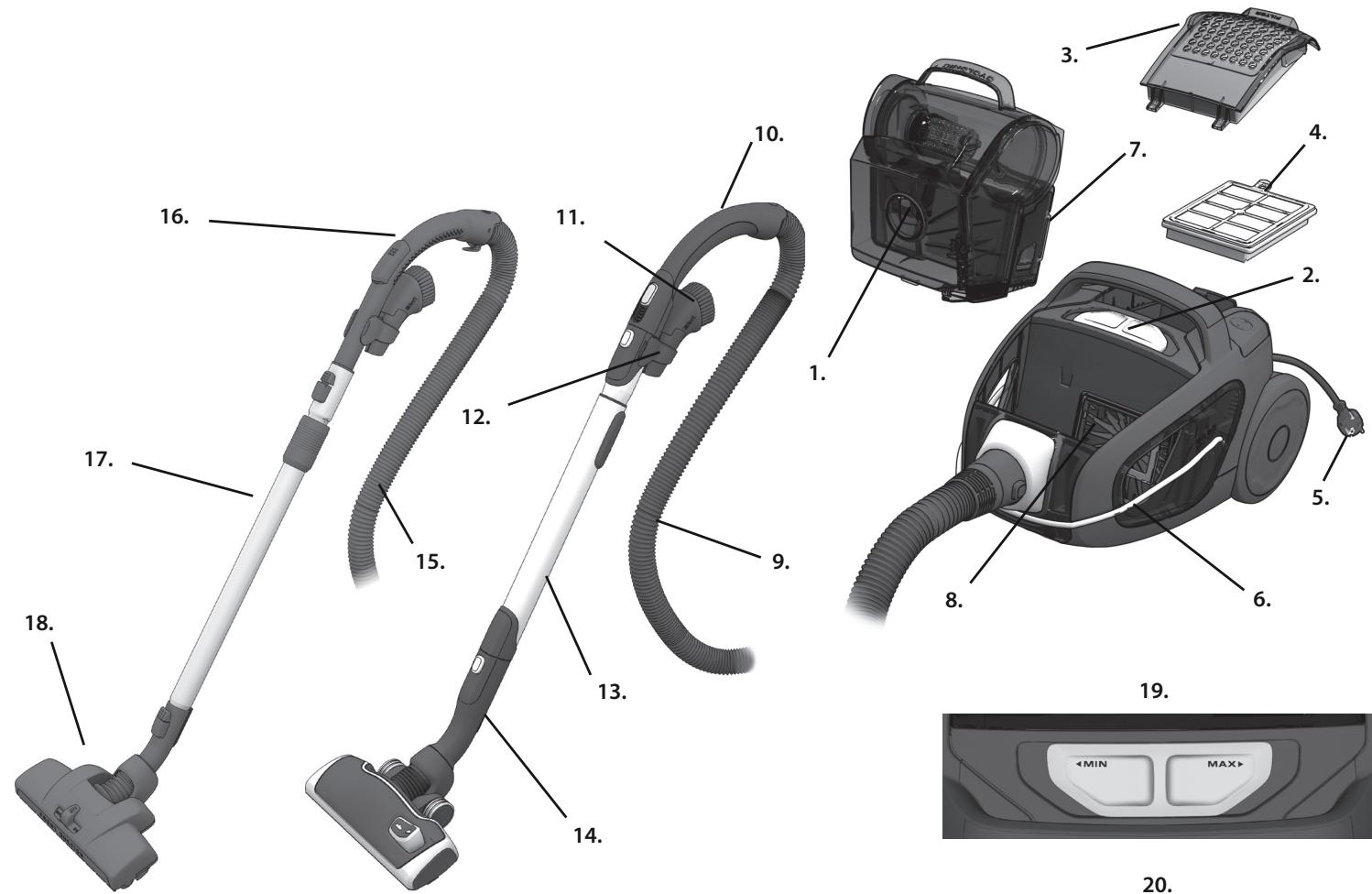 Exploded view diagram of a vacuum cleaner with numbered parts and control panel interface
