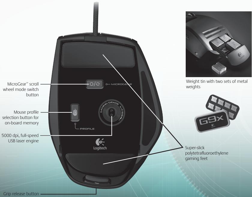 MicroGear™ scroll wheel mode switch button Mouse profile selection button for on-board memory 5000 dpi, full-speed USB laser engine Profile Logitech G9X Weight tin with two sets of metal weights Super-slick polytetrafluoroethylene gaming feet Grip release button