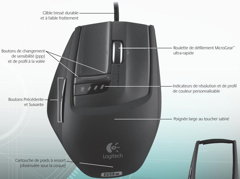 Câble tressé durable et à faible frottement Boutons de changement de sensibilité (ppp) et de profil à la volée Boutons Précédente et Suivante Cartouche de poids à ressort (dissimulée sous la coque) Roulette de défilement MicroGear™ ultra-rapide Indicateurs de résolution et de profil de couleur personnalisable Poignée large au toucher satiné Logitech 69X