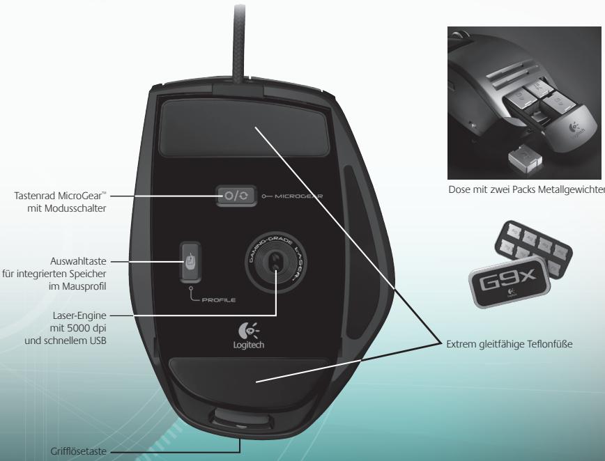 Tastenrad MicroGear™ mit Modusschalter MicroGear® DOSAR-GRADE L PROFILE Laser-Engine mit 5000 dpi und schnellem USB Logitech Grifflosetaste Dose mit zwei Packs Metallgewichter G9x Extrem gleitfähige Teflonfüße