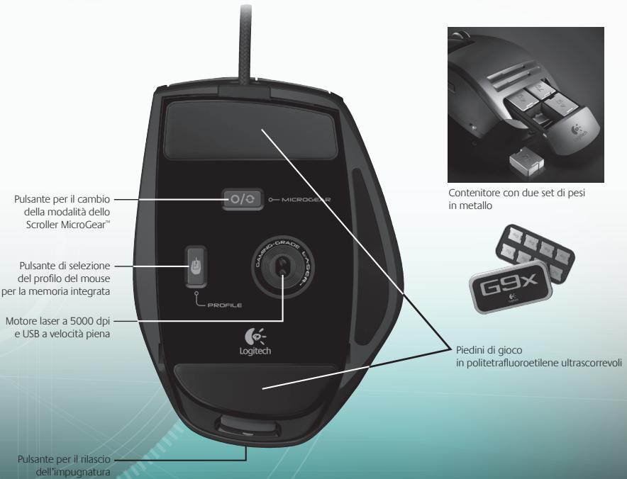 Pulsante per il cambio della modalità dello Scroller MicroGear® Pulsante di selezione del profilo del mouse per la memoria integrata Motore laser a 5000 dpi e USB a velocità piena LOGitech Pulsante per il rilascio dell'impugnatura CAMPO-GRADE CASES PROFILE Contenitore con due set di pesi in metallo G9X Piedini di gioco in politetrafluoroetilene ultrascorrevoli