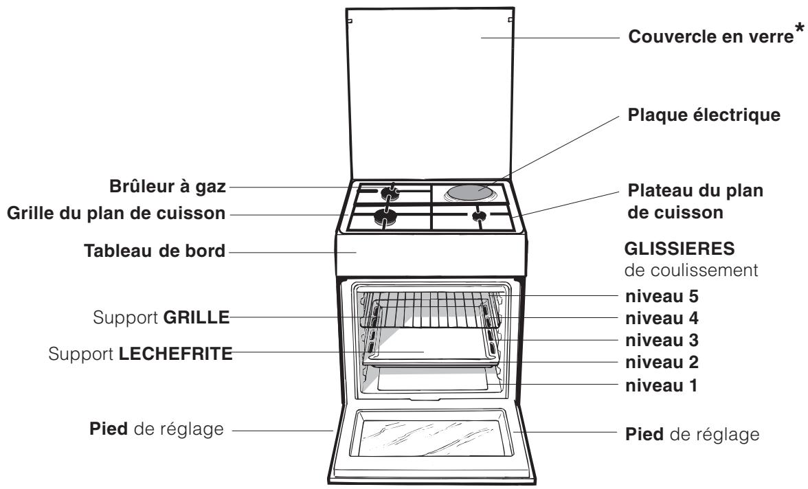 Couvercle en verre* Plaque électrique Brûleur à gaz Grille du plan de cuisson Tableau de bord Plateau du plan de cuisson GLISSIERES de coulissement niveau 5 niveau 4 niveau 3 niveau 2 niveau 1 Support GRILLE Support LECHEFRITE Pied de réglage Pied de réglage