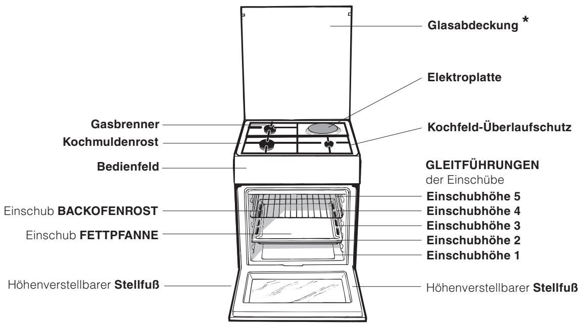 Glasabdeckung * Elektroplatte Kochfeld-Überlaufschutz GLEITFÜHRUNGEN der Einschübe Einschubhöhe 5 Einschubhöhe 4 Einschubhöhe 3 Einschubhöhe 2 Einschubhöhe 1 Höhenverstellbarer Stellfuß Gasbrenner Kochmuldenrost Bedienfeld Einschub BACKOFENROST Einschub FETTPFANNE Höhenverstellbarer Stellfuß