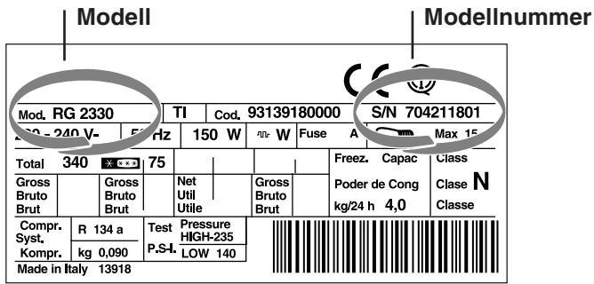 Modell Modellnummer Mod. RG 2330 TI Cod. 93139180000 S/N 704211801 20 - 240 V- Ferz 150 W W Fuse A Max 15 Total 340 75 Gross Bruto Brut Gross Bruto Brut Net Util Utile Gross Bruto Brut Freez. Capac Poder de Cong kg/24 h 4,0 Class N Classe Compr. R 134 a Test Pressure HIGH-235 P.S.H. Kompr. kg 0,090 LOW 140 Made in Italy 13918