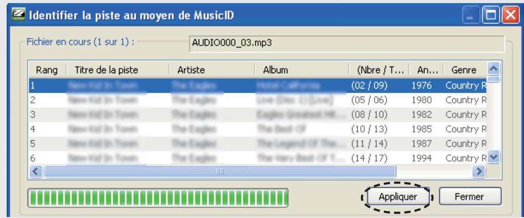 DENON TRANS MUSIC MANAGER - Cliquez sur "Appliqueur" pour définir le résultat. Le résultat MusicID s'affiche dans "Media Library". - 1