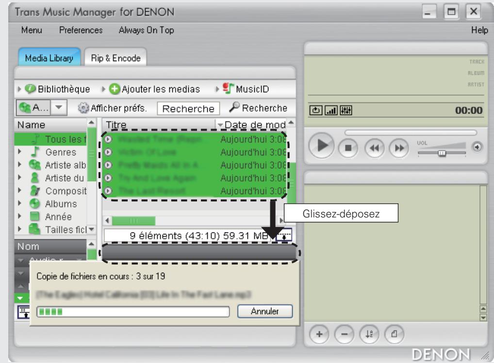 DENON TRANS MUSIC MANAGER - Glissez-deposez les morceaux pour les copier dans la fenêtre noire à droite de "Dispositifs". - 1