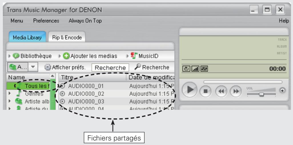 DENON TRANS MUSIC MANAGER - Cliquez sur “Tous les fischiers audio” dans “Media Library”. Le fisquier partagé s'affiche. - 1