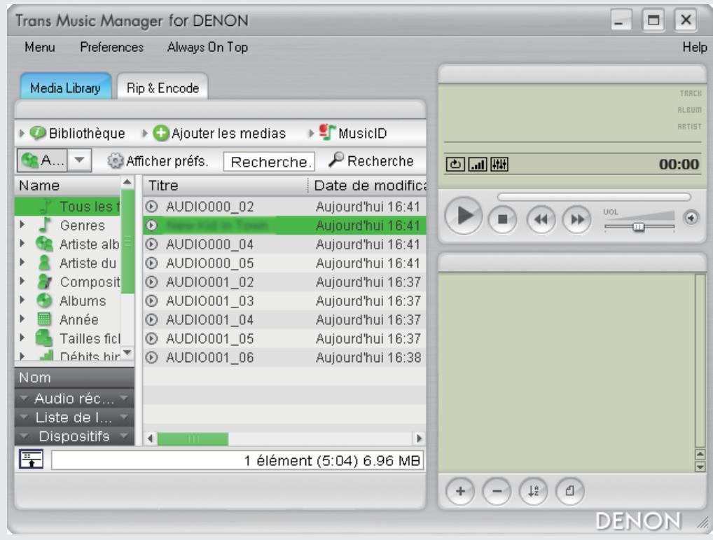 DENON TRANS MUSIC MANAGER - Cliquez sur "Appliqueur" pour définir le résultat. Le résultat MusicID s'affiche dans "Media Library". - 3