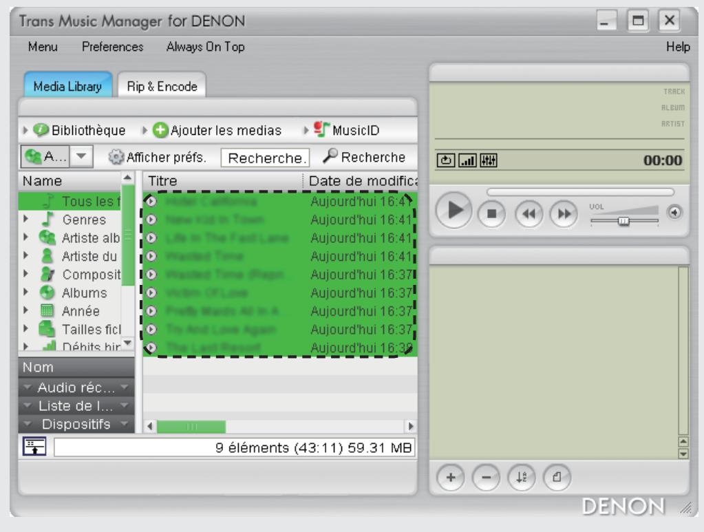 DENON TRANS MUSIC MANAGER - Sélectionnez un fjichier dans "Media Library" pour lequel vous souhaitez incorporer les données d'un morceau. - 1