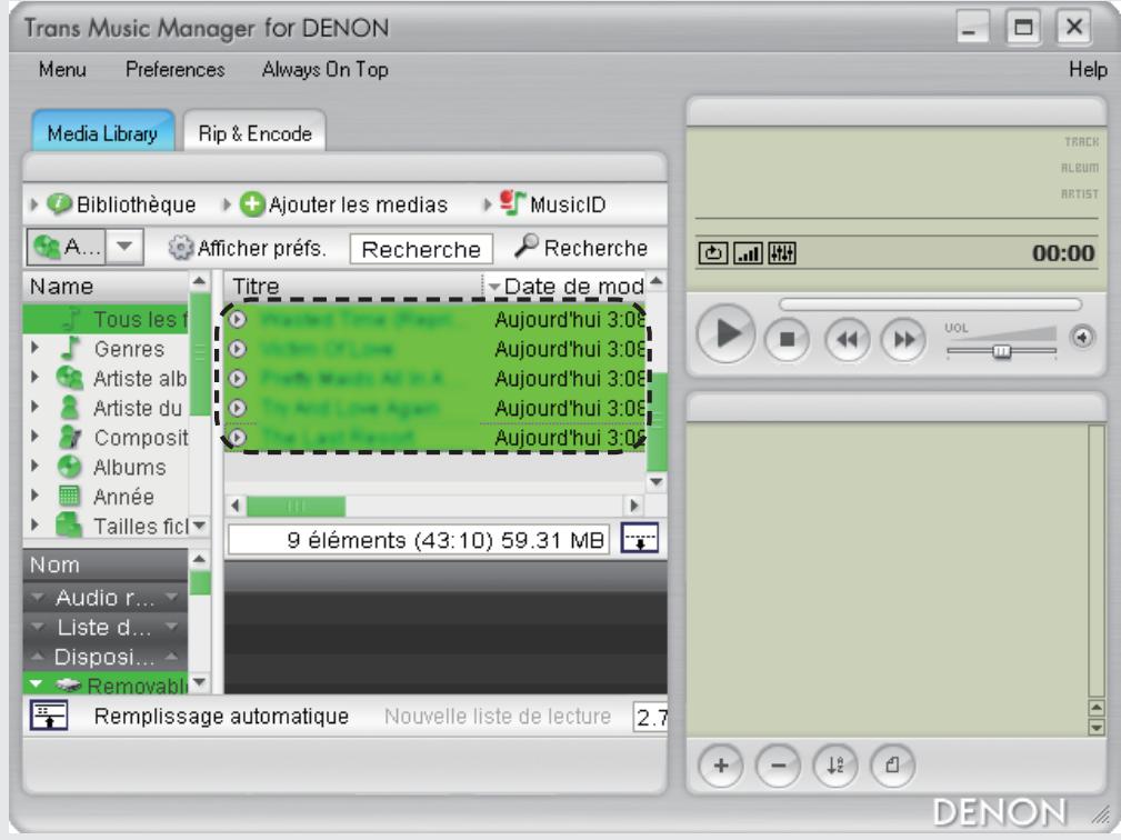 DENON TRANS MUSIC MANAGER - Sélectionnez les morceaux que vous souhaitez copier. - 1